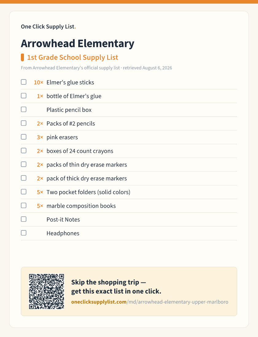 Arrowhead Elementary 1st Grade School Supply List supply list — printable image
