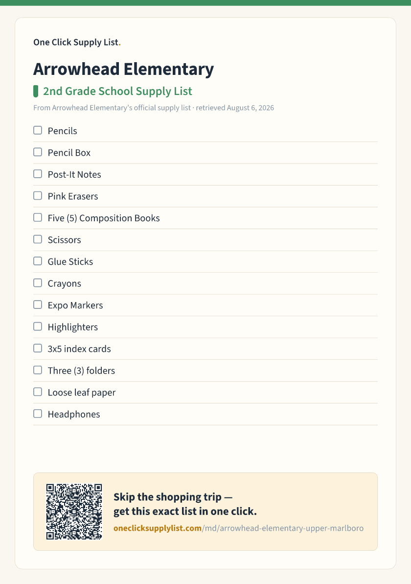 Arrowhead Elementary 2nd Grade School Supply List supply list — printable image