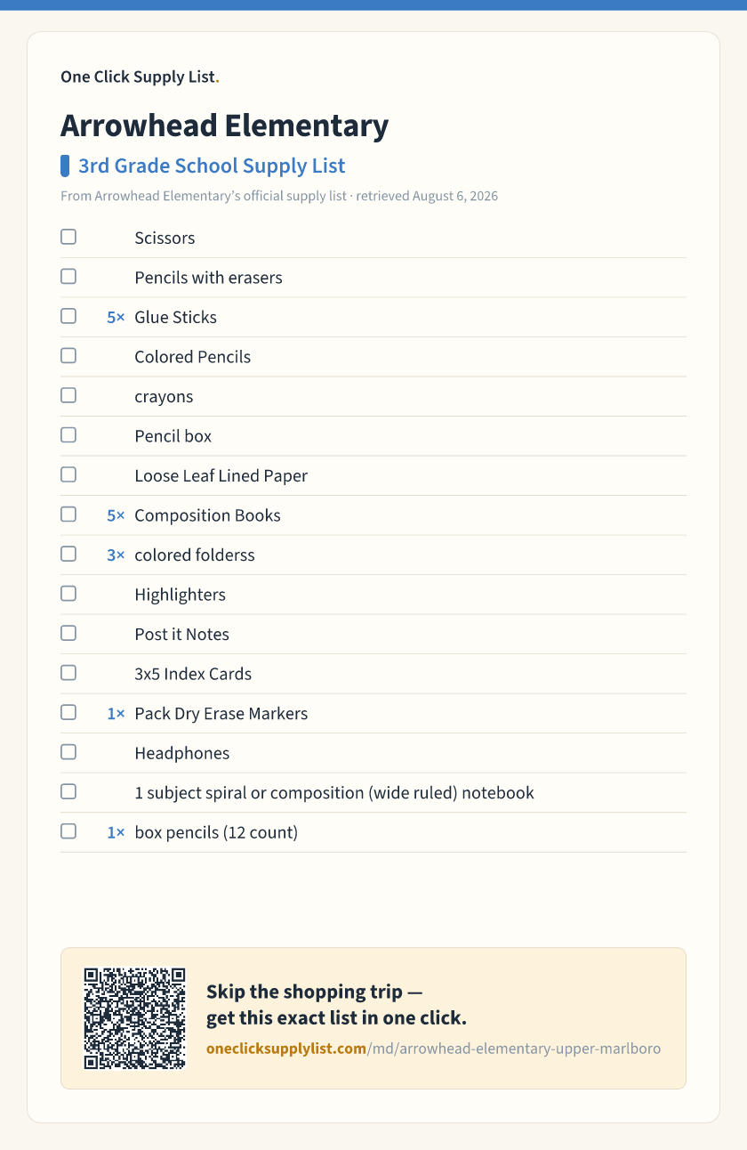 Arrowhead Elementary 3rd Grade School Supply List supply list — printable image