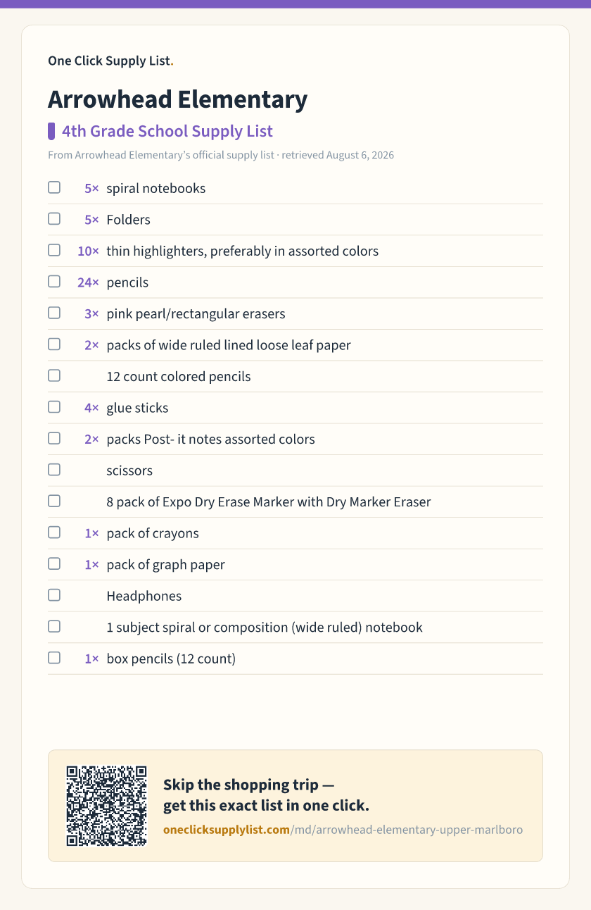 Arrowhead Elementary 4th Grade School Supply List supply list — printable image