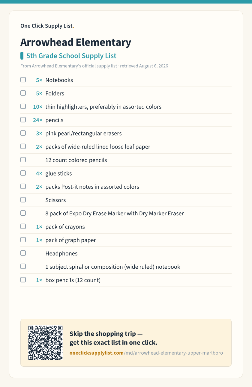 Arrowhead Elementary 5th Grade School Supply List supply list — printable image
