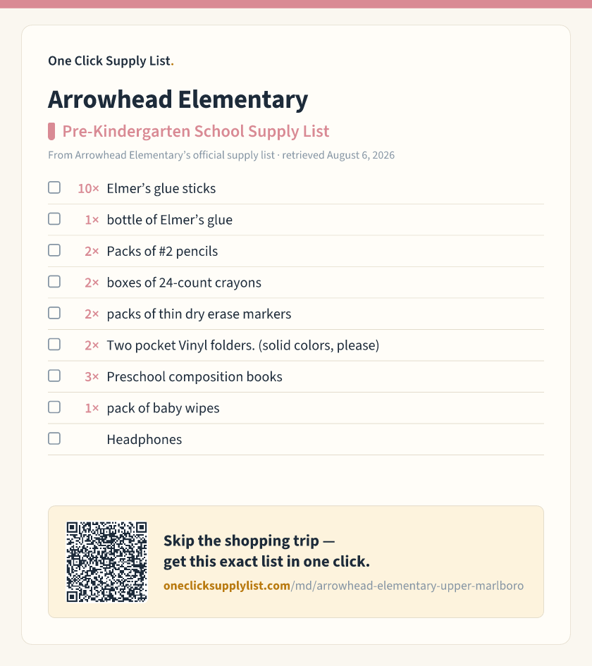 Arrowhead Elementary Pre-Kindergarten School Supply List supply list — printable image