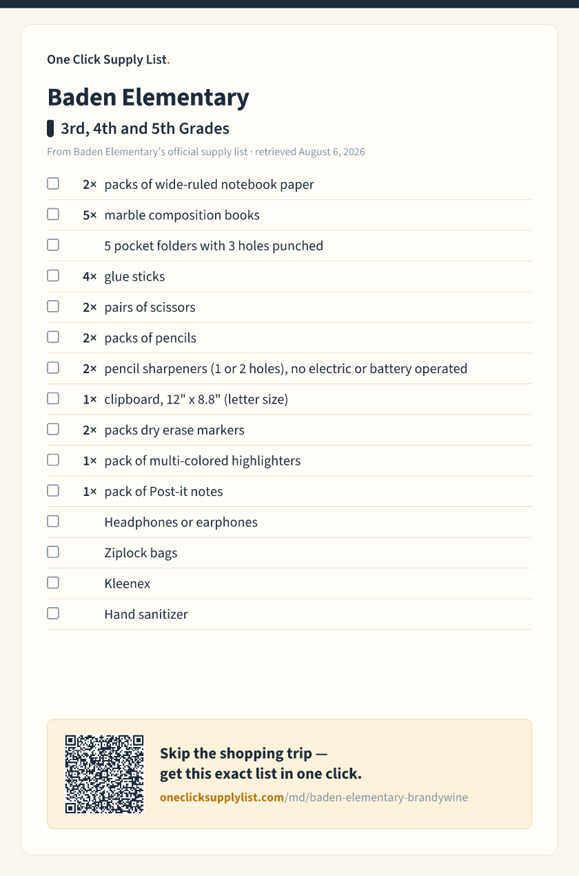 Baden Elementary 3rd, 4th and 5th Grades supply list — printable image