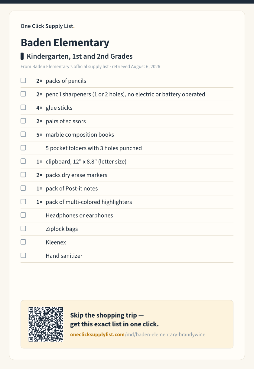 Baden Elementary Kindergarten, 1st and 2nd Grades supply list — printable image