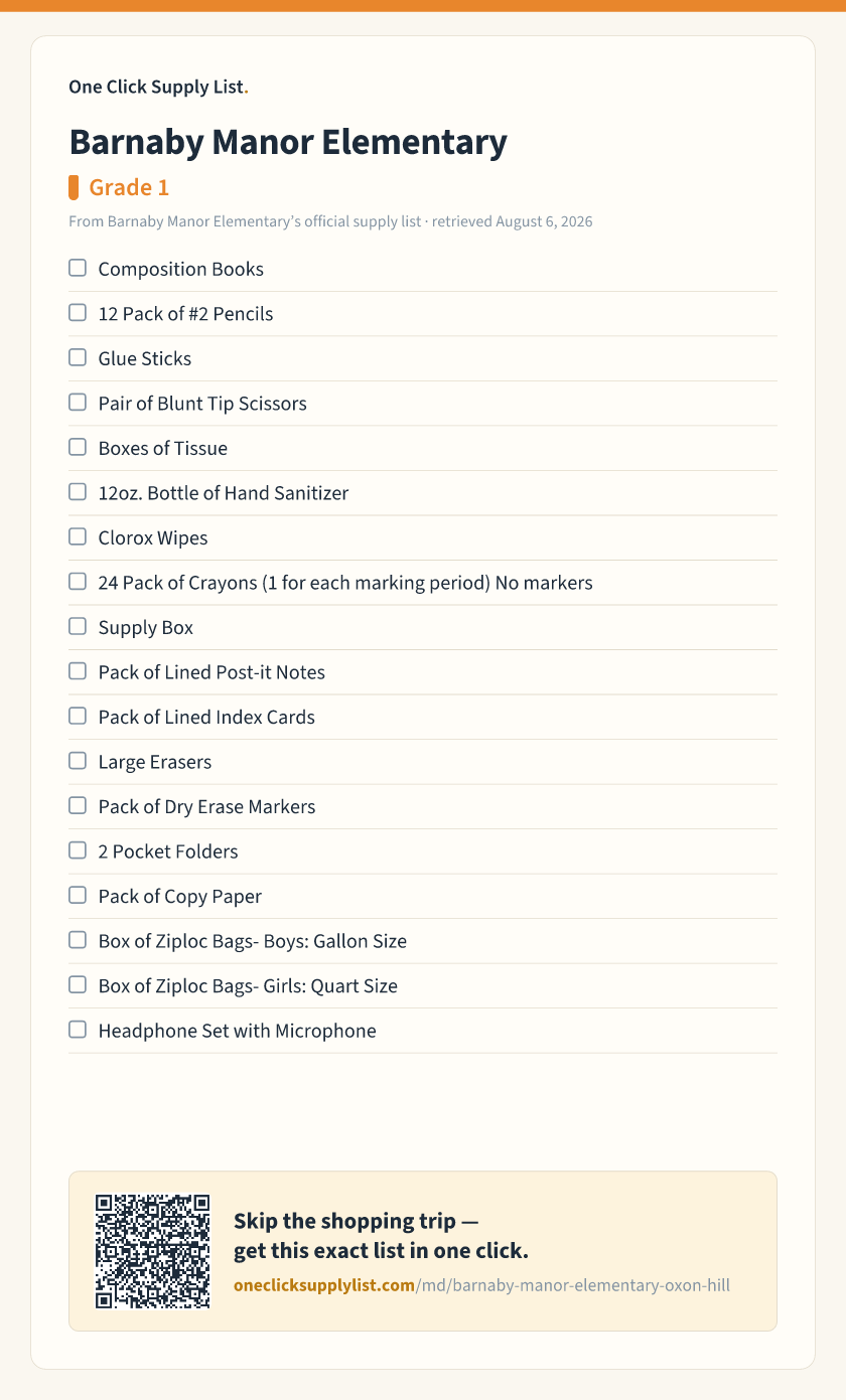 Barnaby Manor Elementary Grade 1 supply list — printable image