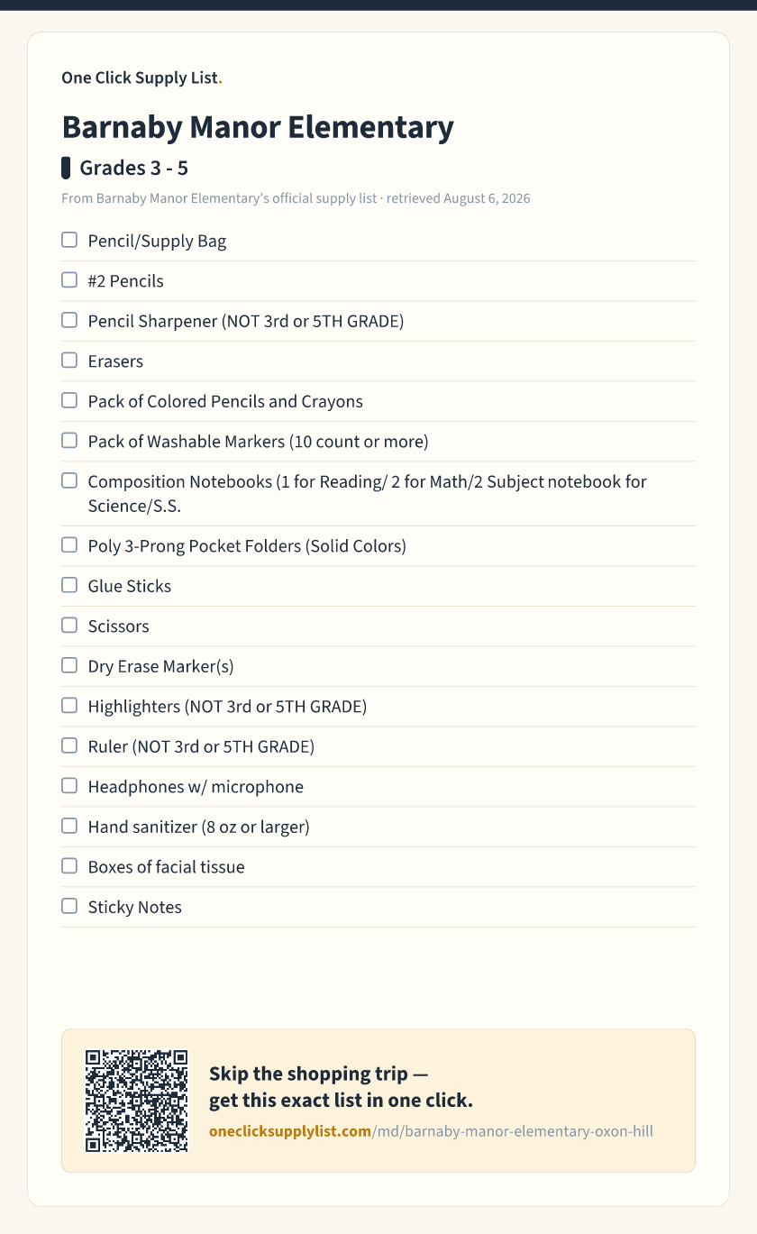 Barnaby Manor Elementary Grades 3 - 5 supply list — printable image
