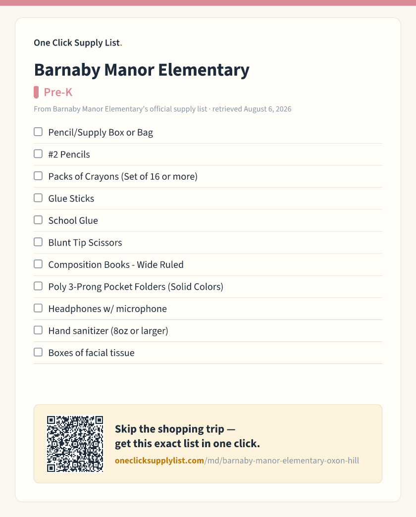 Barnaby Manor Elementary Pre-K supply list — printable image