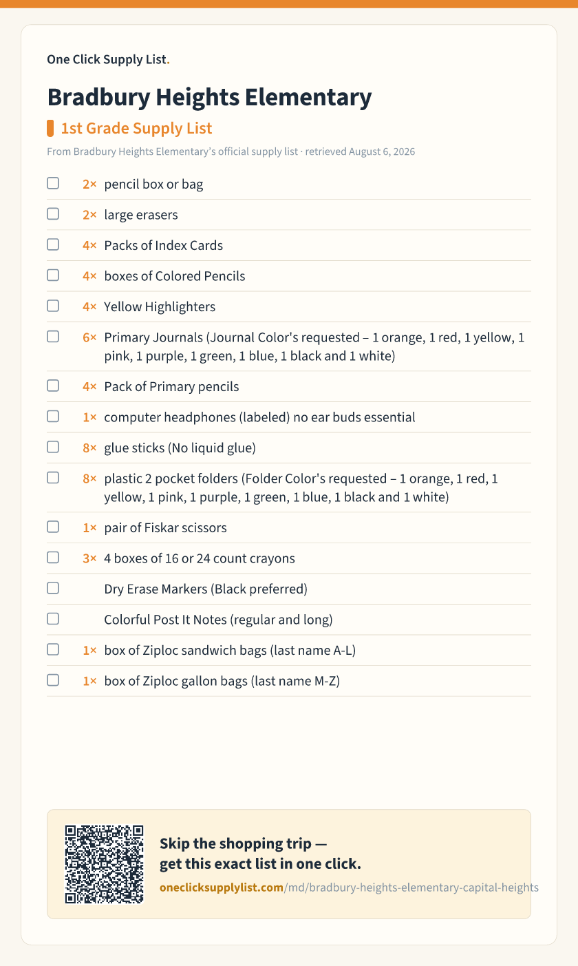 Bradbury Heights Elementary 1st Grade Supply List supply list — printable image