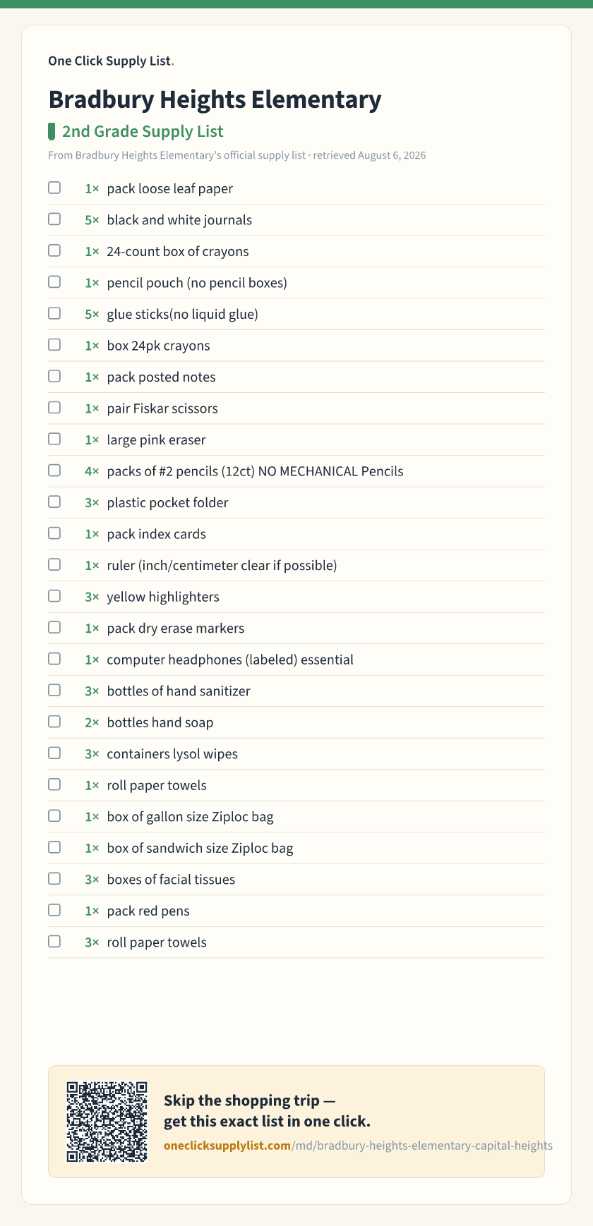 Bradbury Heights Elementary 2nd Grade Supply List supply list — printable image