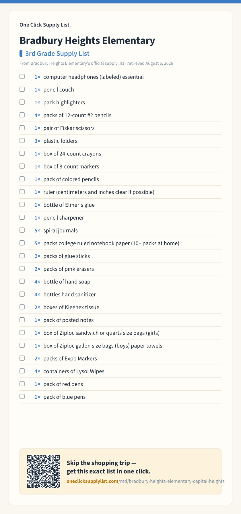 Bradbury Heights Elementary 3rd Grade Supply List supply list — printable image