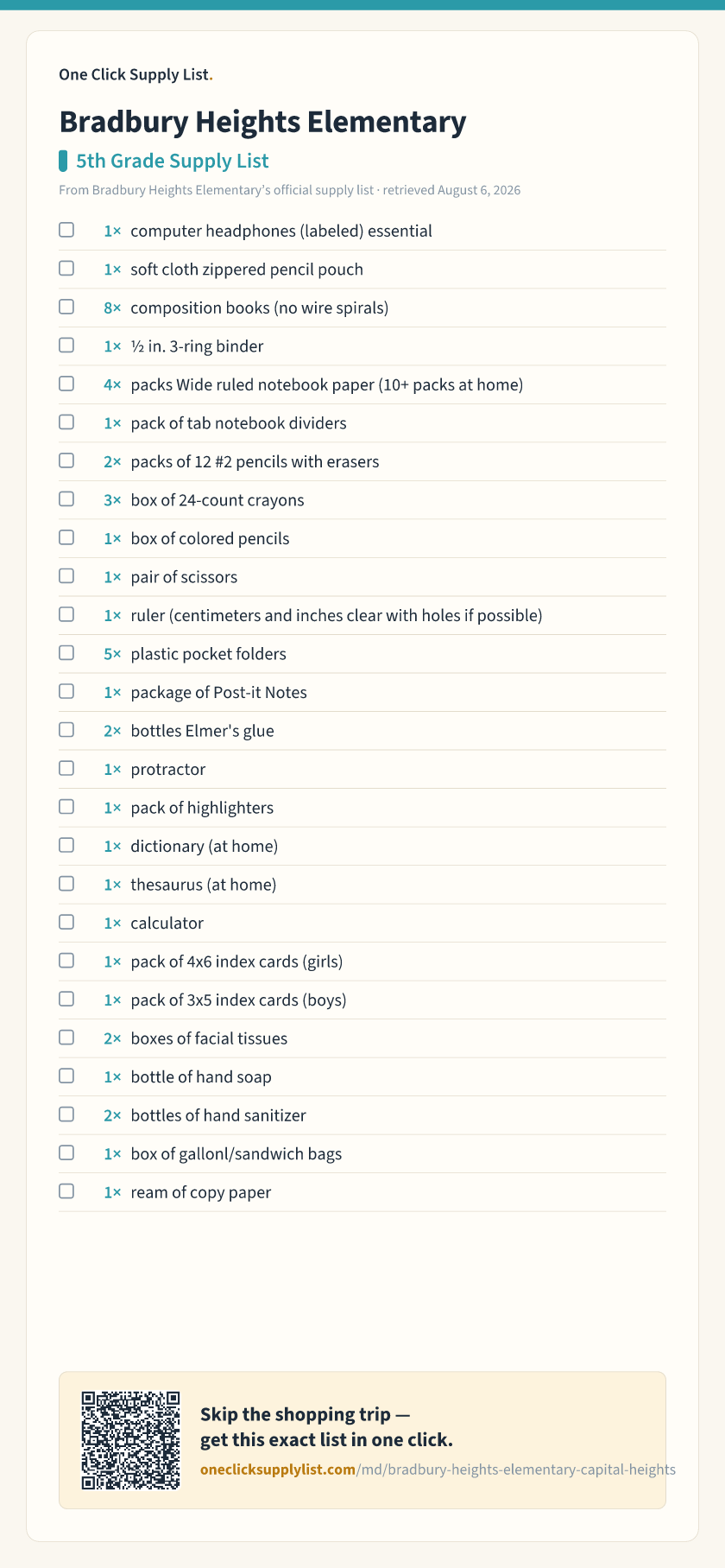 Bradbury Heights Elementary 5th Grade Supply List supply list — printable image