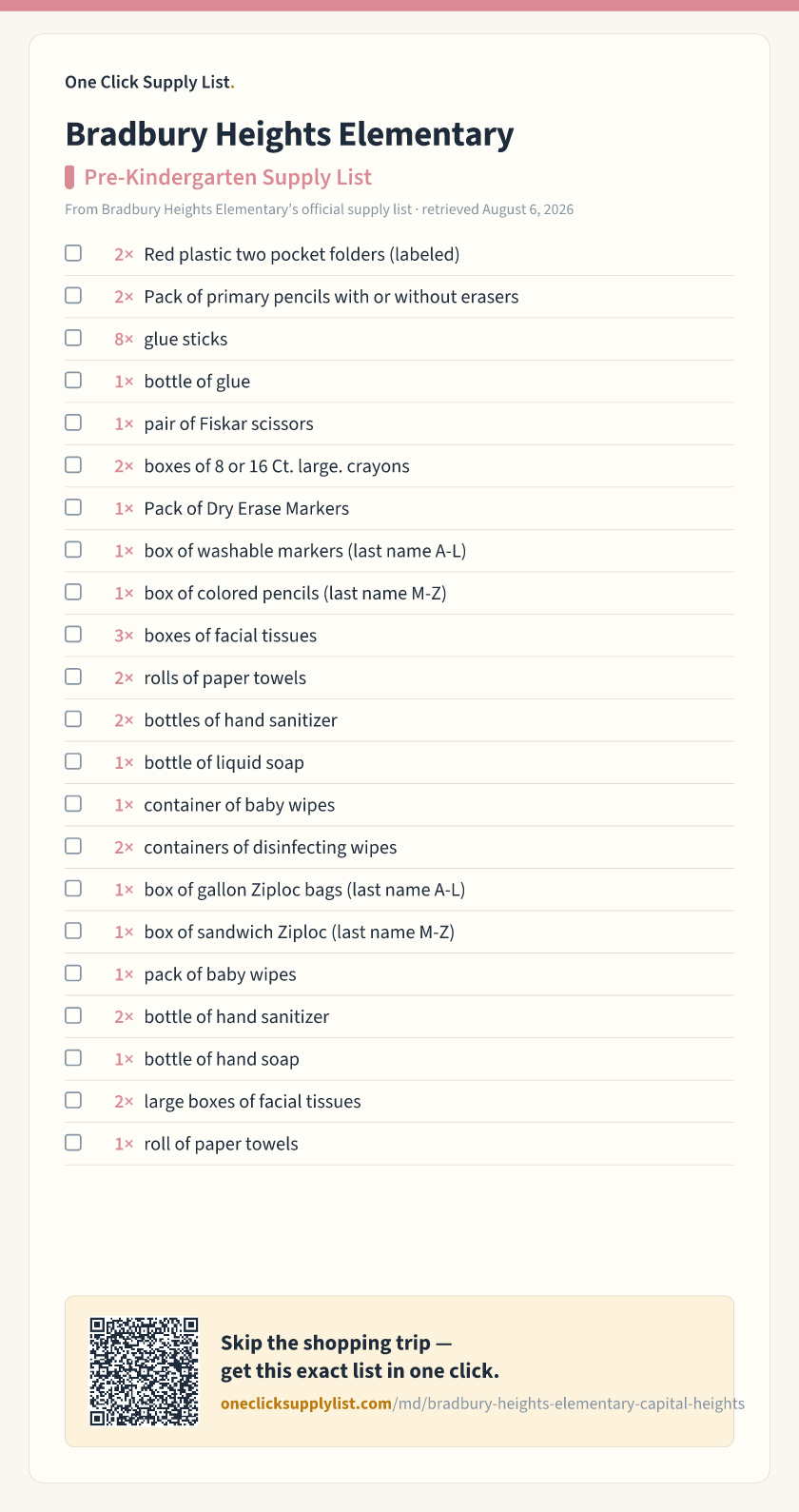 Bradbury Heights Elementary Pre-Kindergarten Supply List supply list — printable image