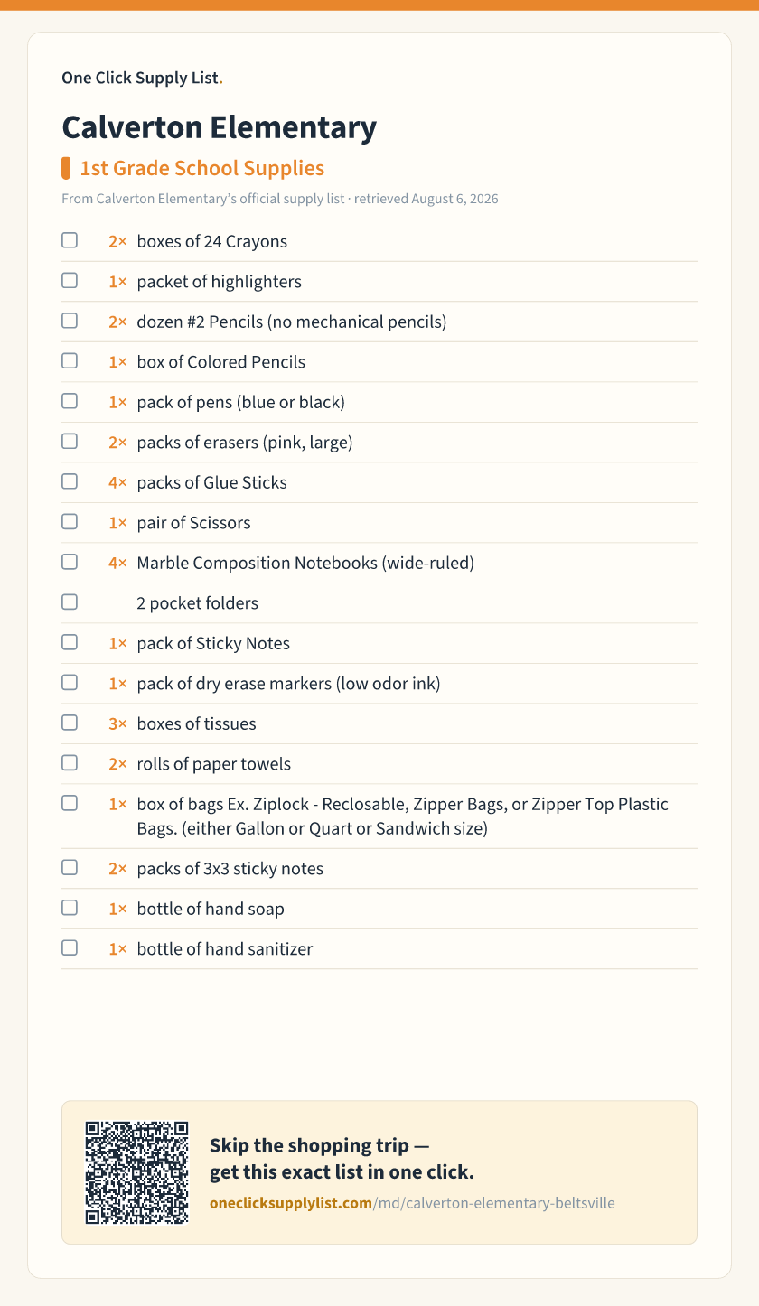 Calverton Elementary 1st Grade School Supplies supply list — printable image