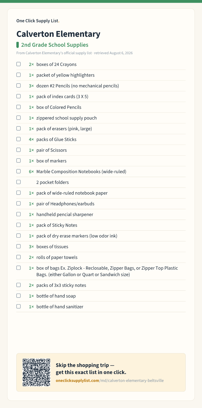 Calverton Elementary 2nd Grade School Supplies supply list — printable image