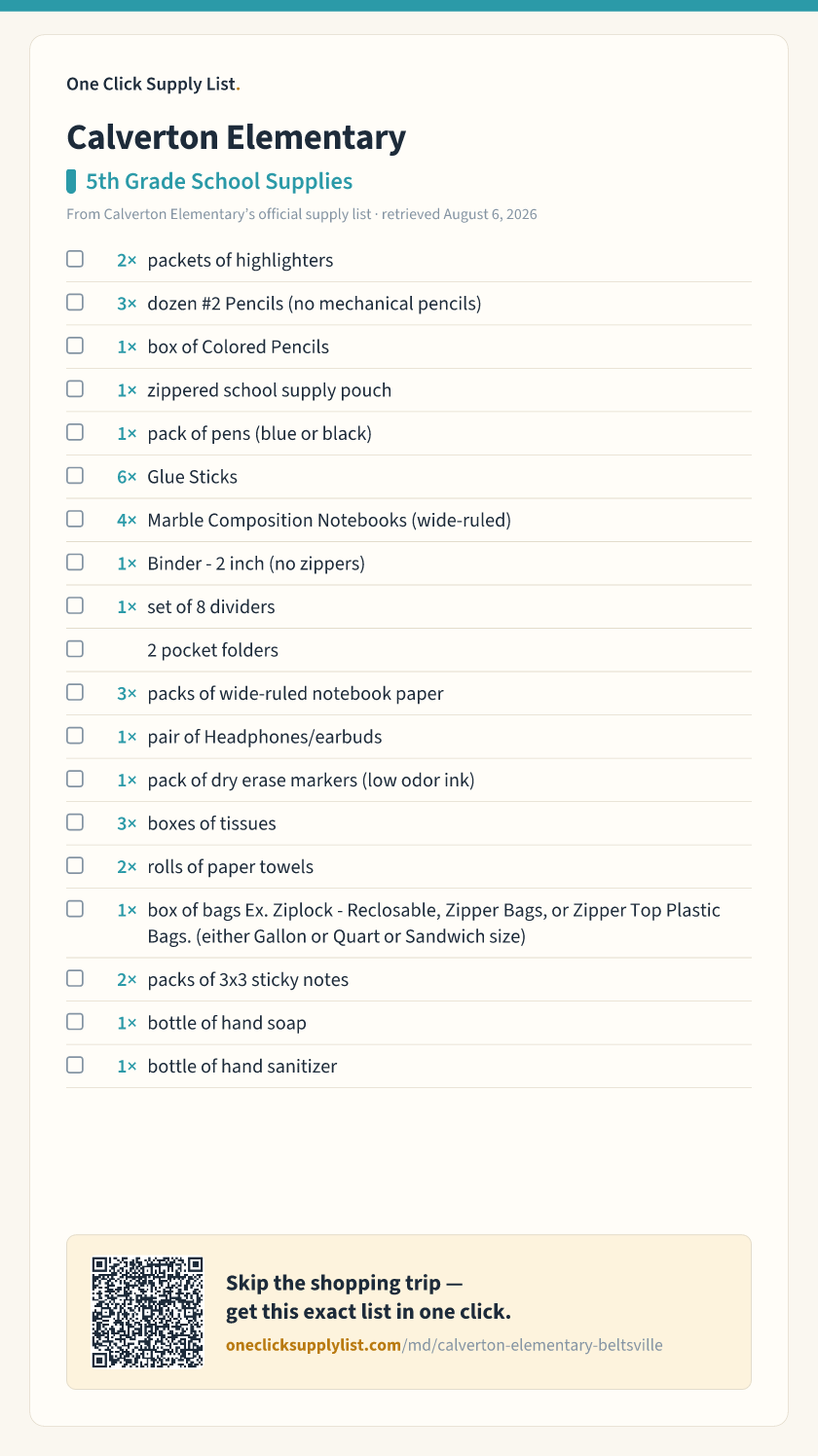 Calverton Elementary 5th Grade School Supplies supply list — printable image