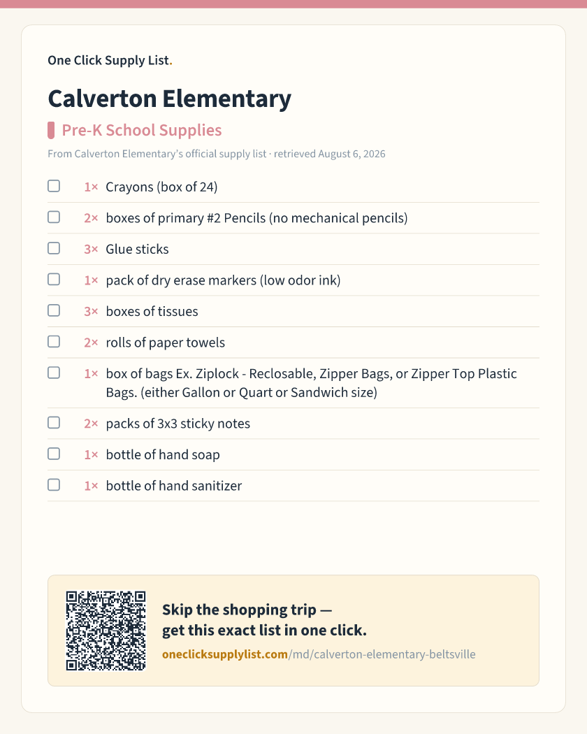Calverton Elementary Pre-K School Supplies supply list — printable image