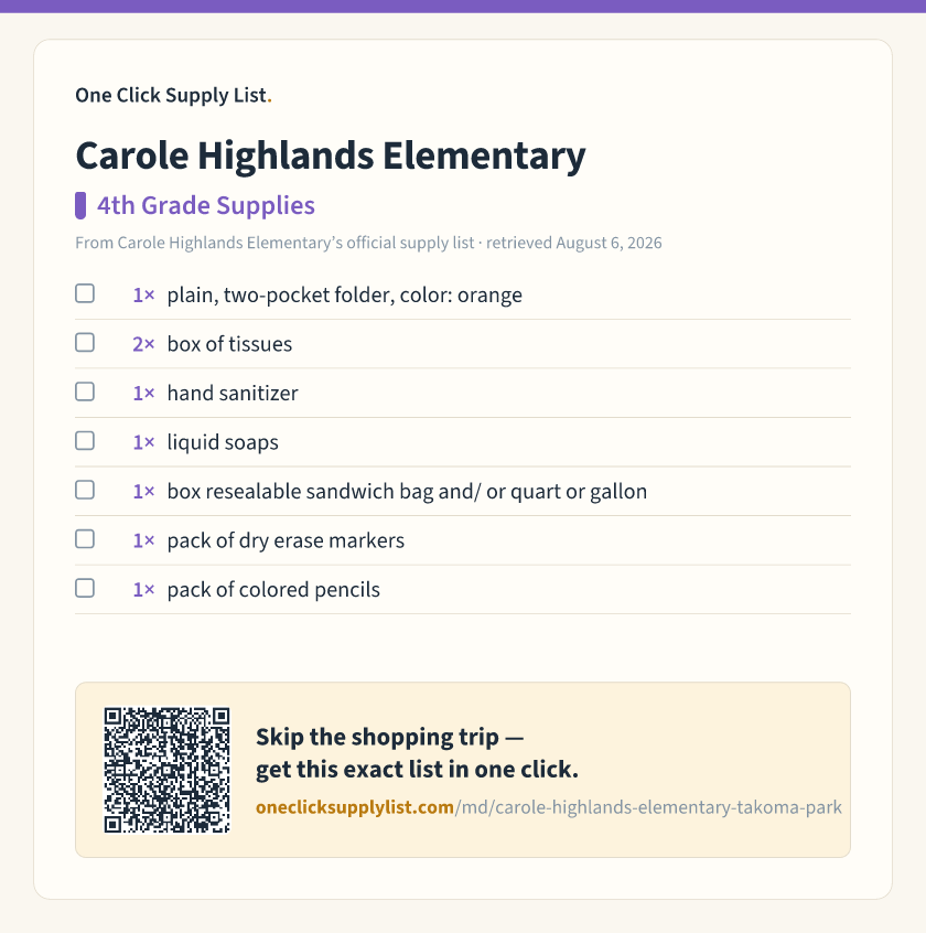 Carole Highlands Elementary 4th Grade Supplies supply list — printable image