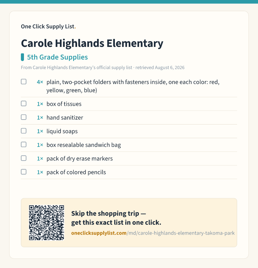 Carole Highlands Elementary 5th Grade Supplies supply list — printable image