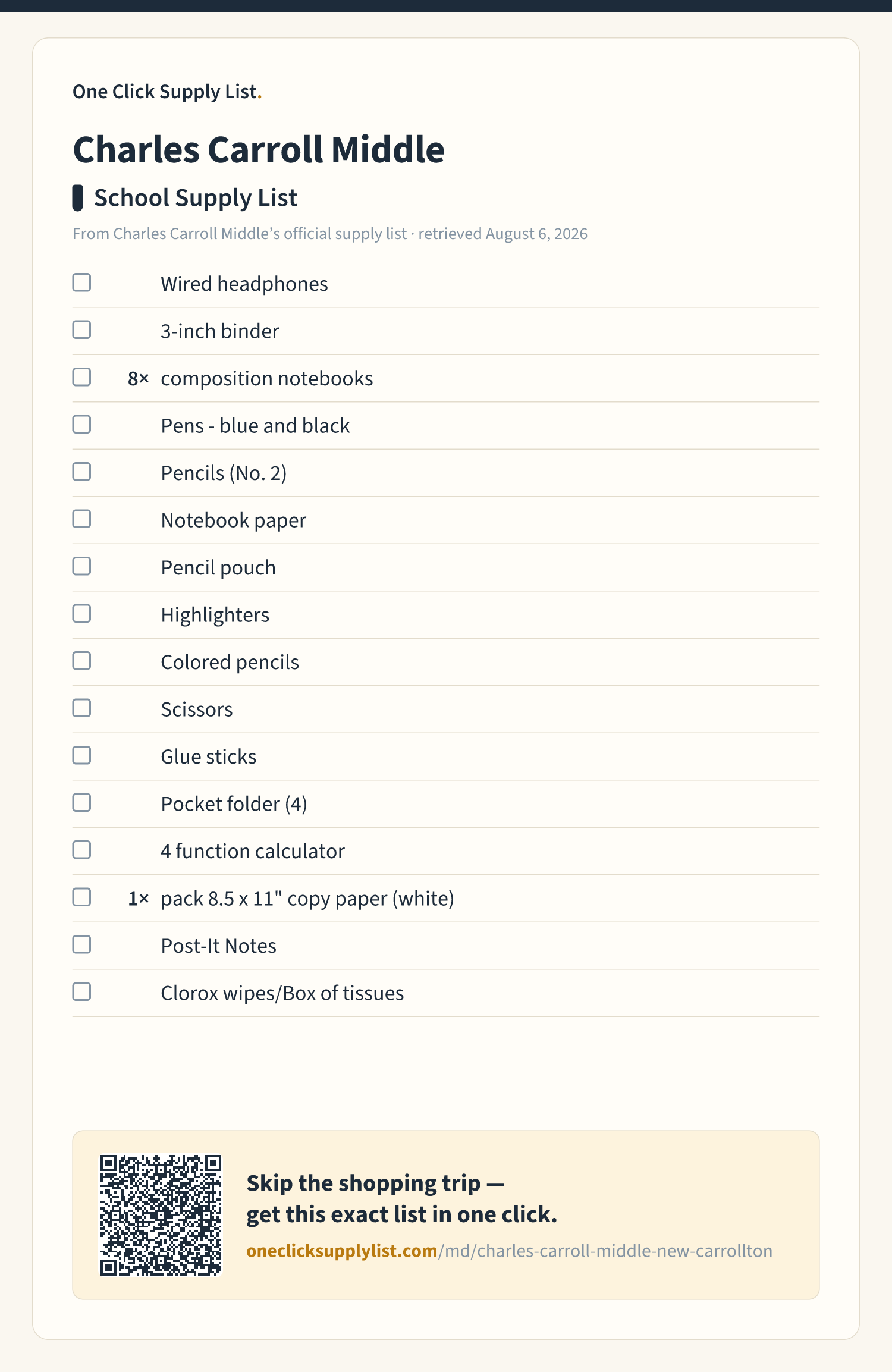 Charles Carroll Middle School Supply List supply list — printable image