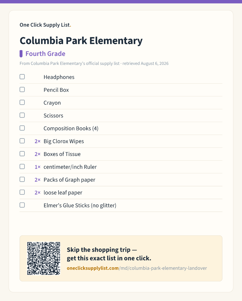 Columbia Park Elementary Fourth Grade supply list — printable image