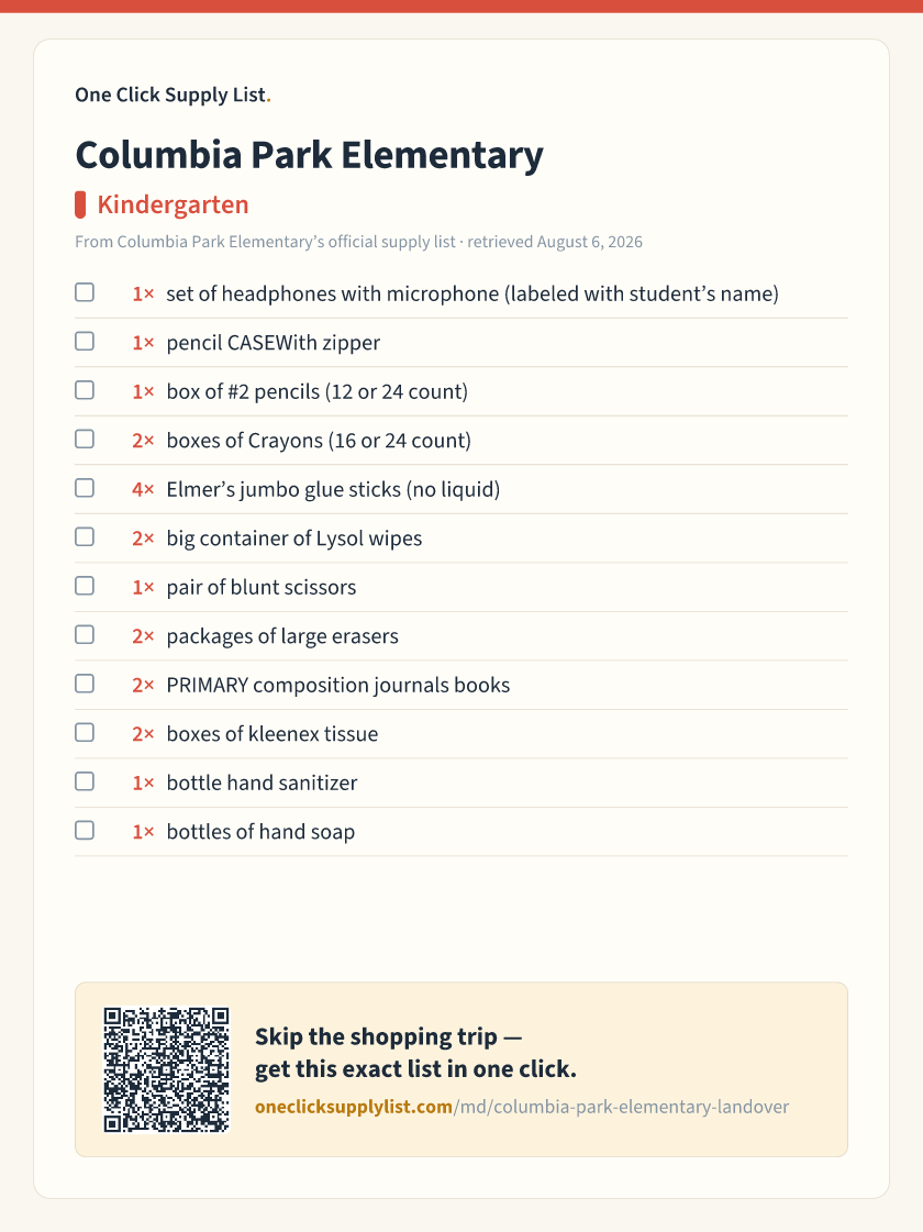 Columbia Park Elementary Kindergarten supply list — printable image