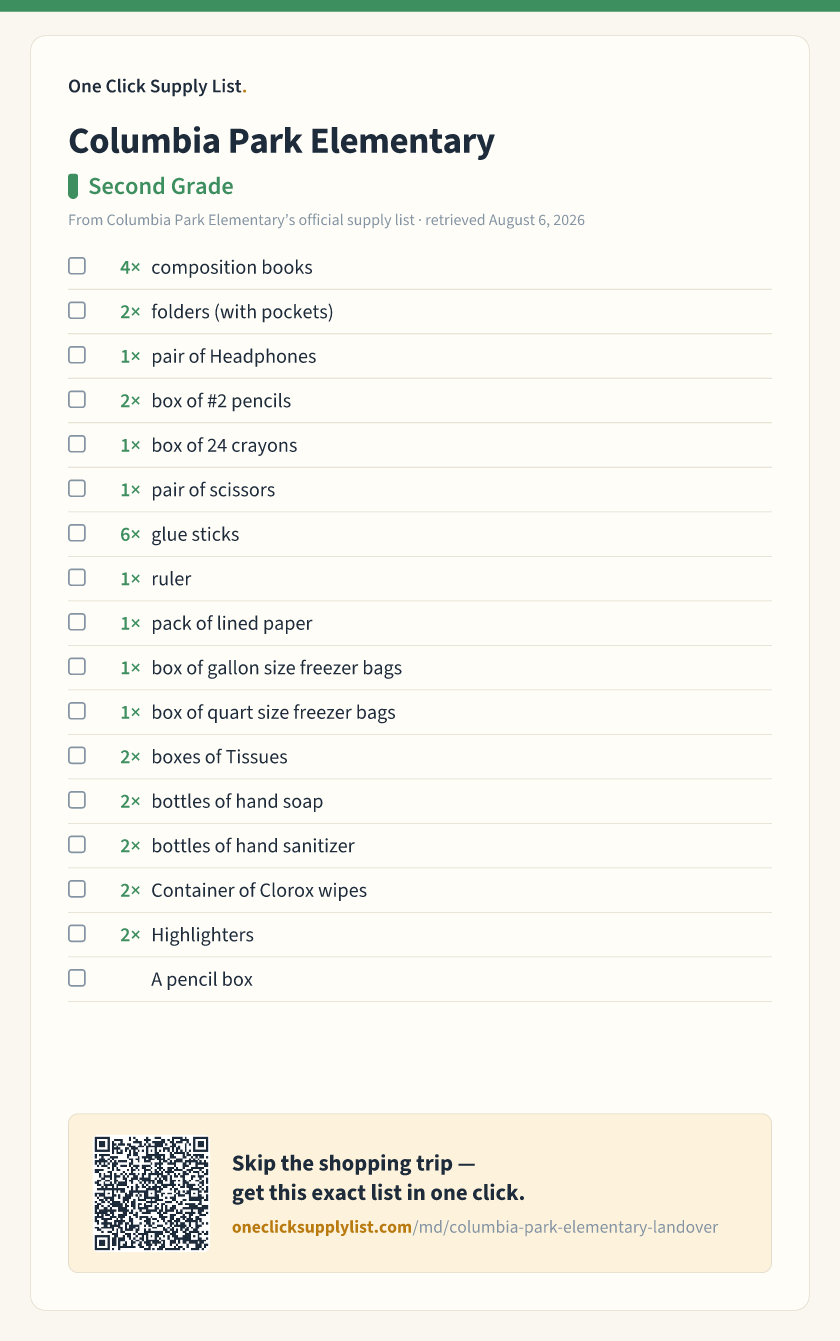 Columbia Park Elementary Second Grade supply list — printable image