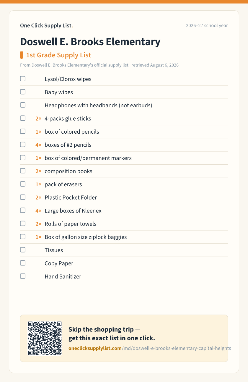 Doswell E. Brooks Elementary 1st Grade Supply List supply list — printable image