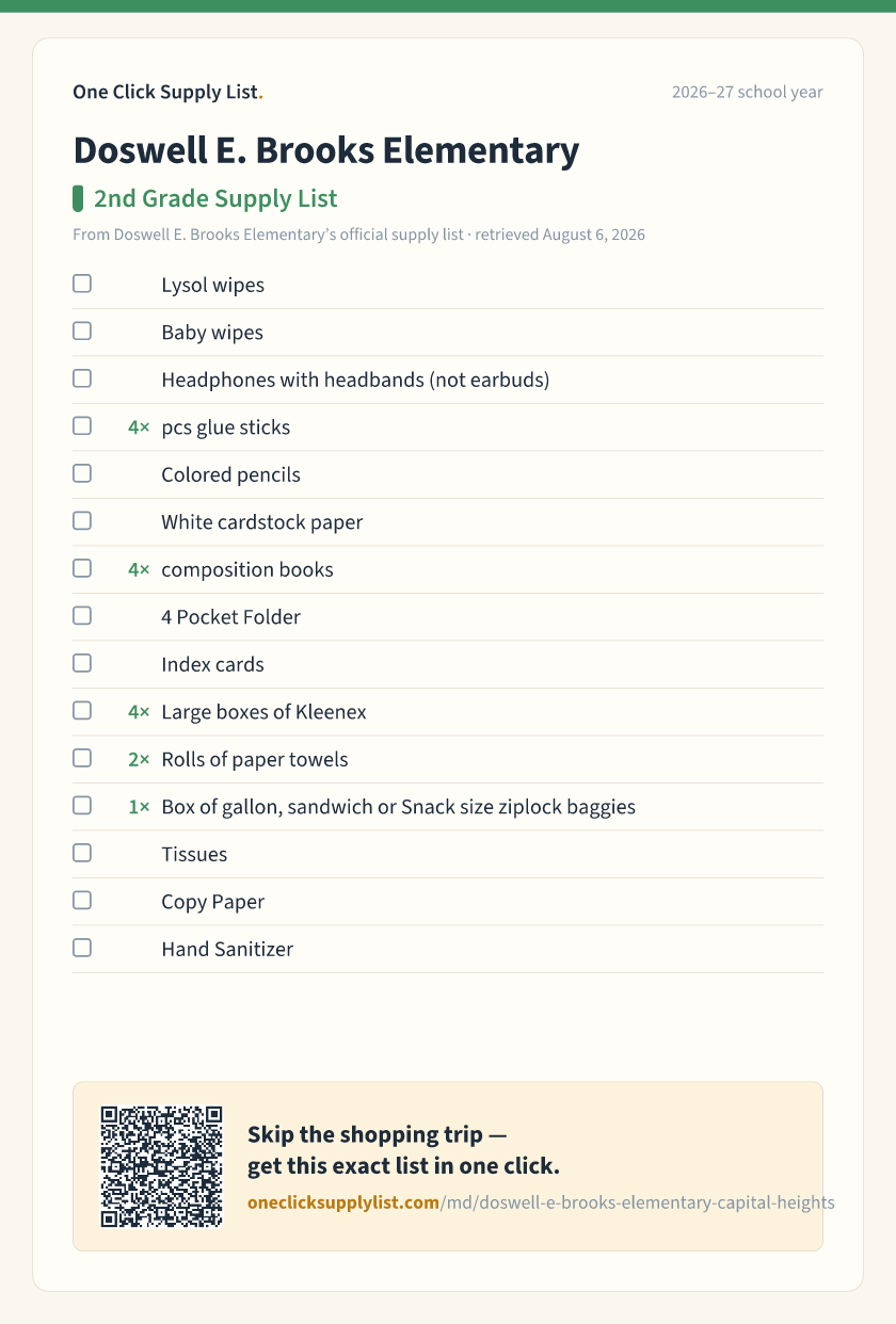 Doswell E. Brooks Elementary 2nd Grade Supply List supply list — printable image