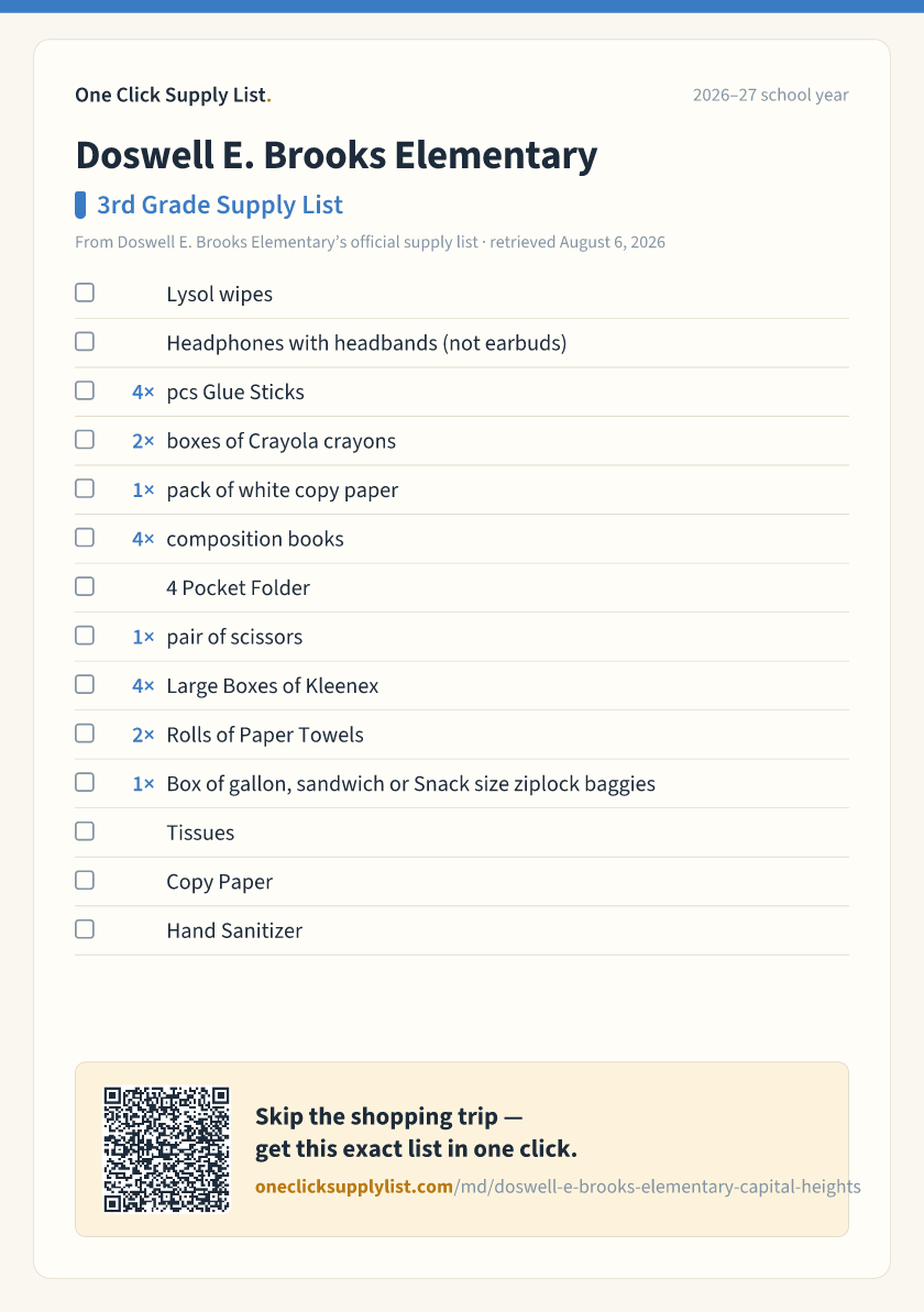 Doswell E. Brooks Elementary 3rd Grade Supply List supply list — printable image
