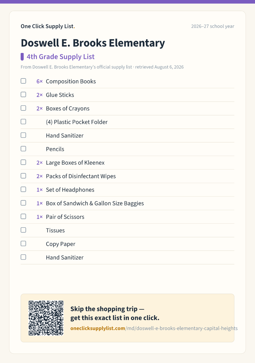 Doswell E. Brooks Elementary 4th Grade Supply List supply list — printable image