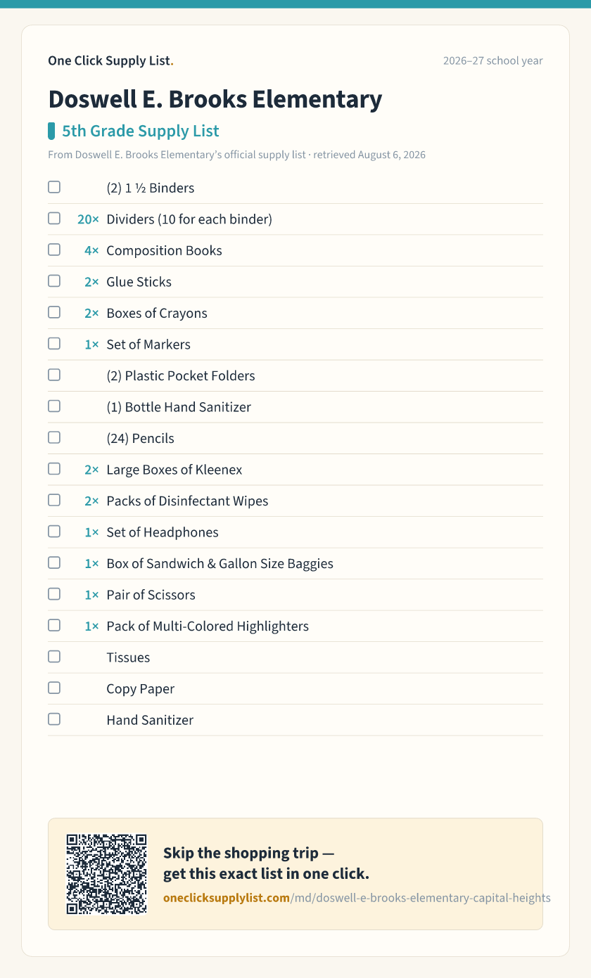 Doswell E. Brooks Elementary 5th Grade Supply List supply list — printable image
