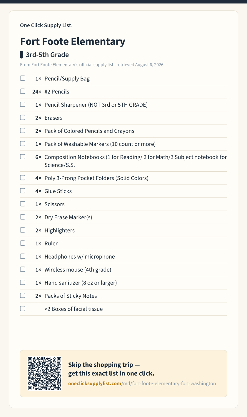 Fort Foote Elementary 3rd-5th Grade supply list — printable image