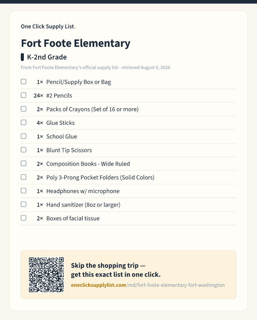 Fort Foote Elementary K-2nd Grade supply list — printable image