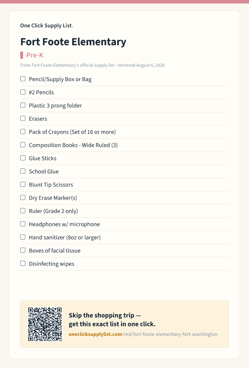 Fort Foote Elementary Pre-K supply list — printable image
