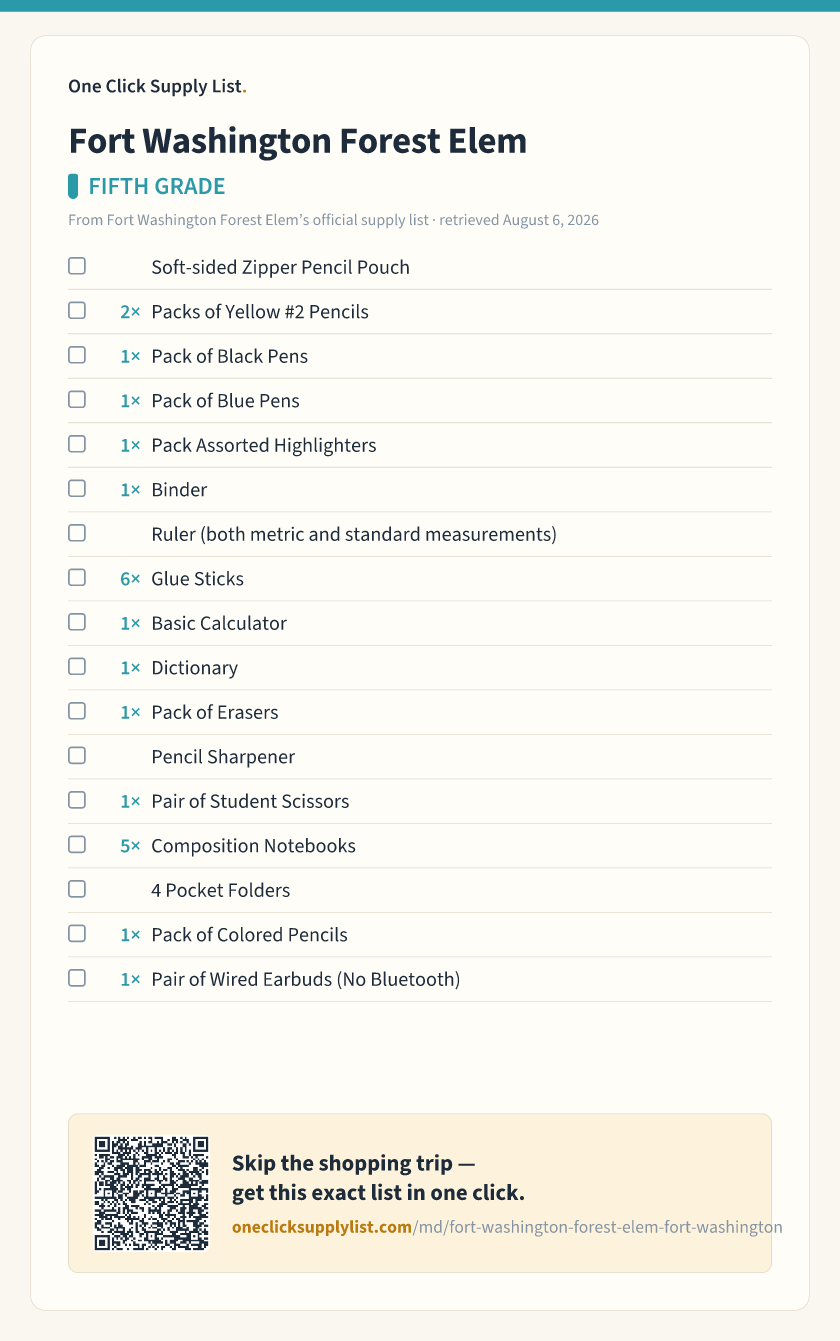Fort Washington Forest Elem FIFTH GRADE supply list — printable image