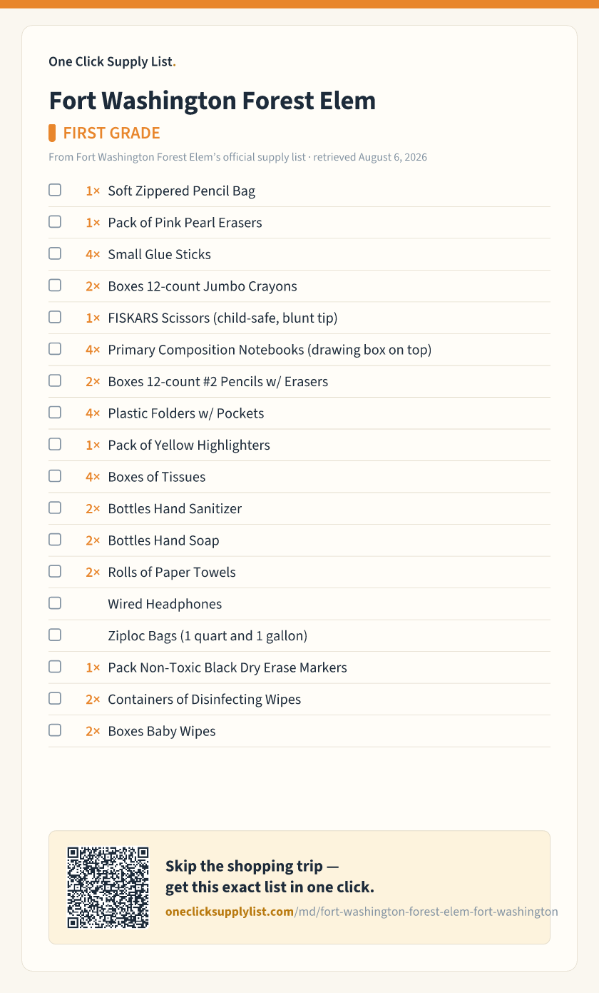 Fort Washington Forest Elem FIRST GRADE supply list — printable image