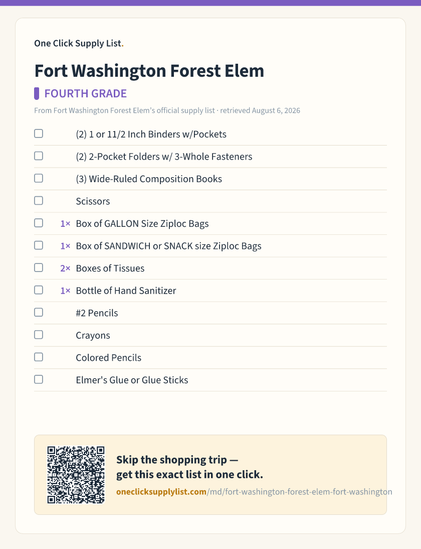 Fort Washington Forest Elem FOURTH GRADE supply list — printable image