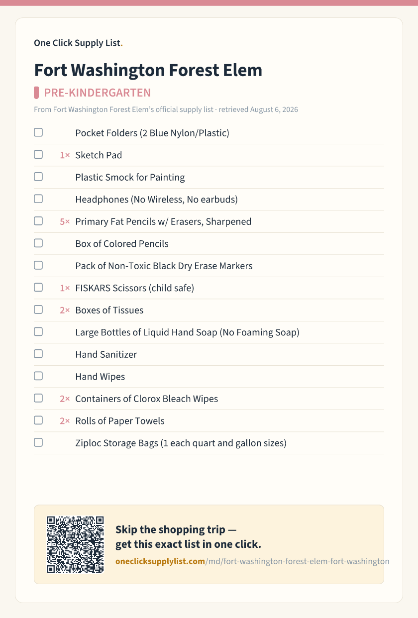 Fort Washington Forest Elem PRE-KINDERGARTEN supply list — printable image