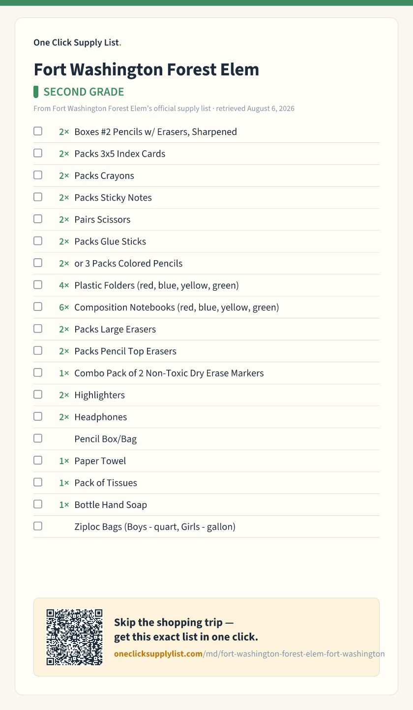 Fort Washington Forest Elem SECOND GRADE supply list — printable image