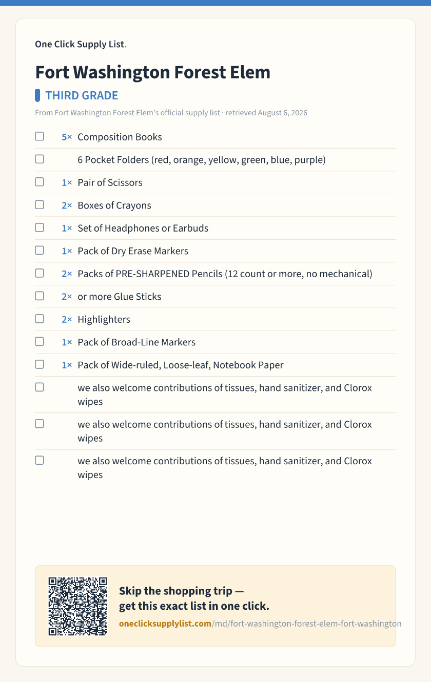 Fort Washington Forest Elem THIRD GRADE supply list — printable image