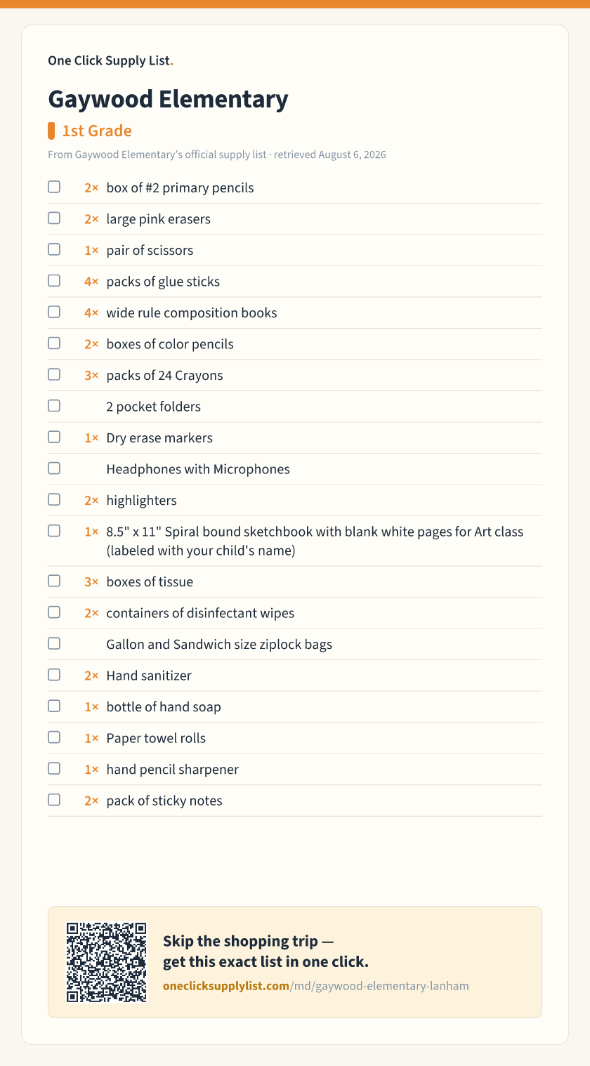 Gaywood Elementary 1st Grade supply list — printable image