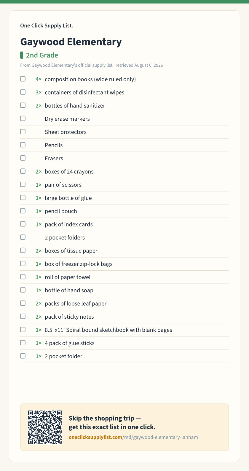 Gaywood Elementary 2nd Grade supply list — printable image