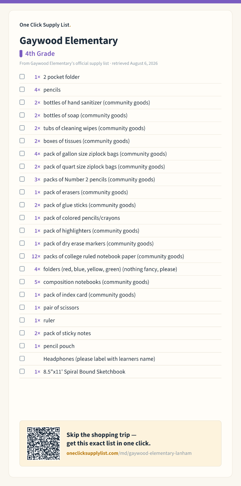 Gaywood Elementary 4th Grade supply list — printable image