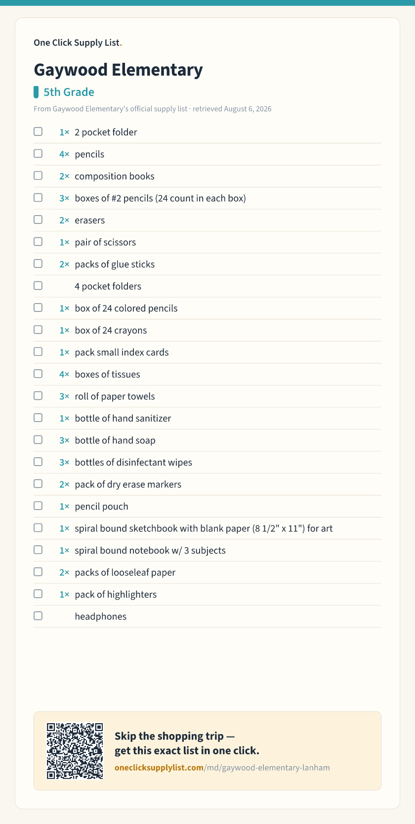 Gaywood Elementary 5th Grade supply list — printable image