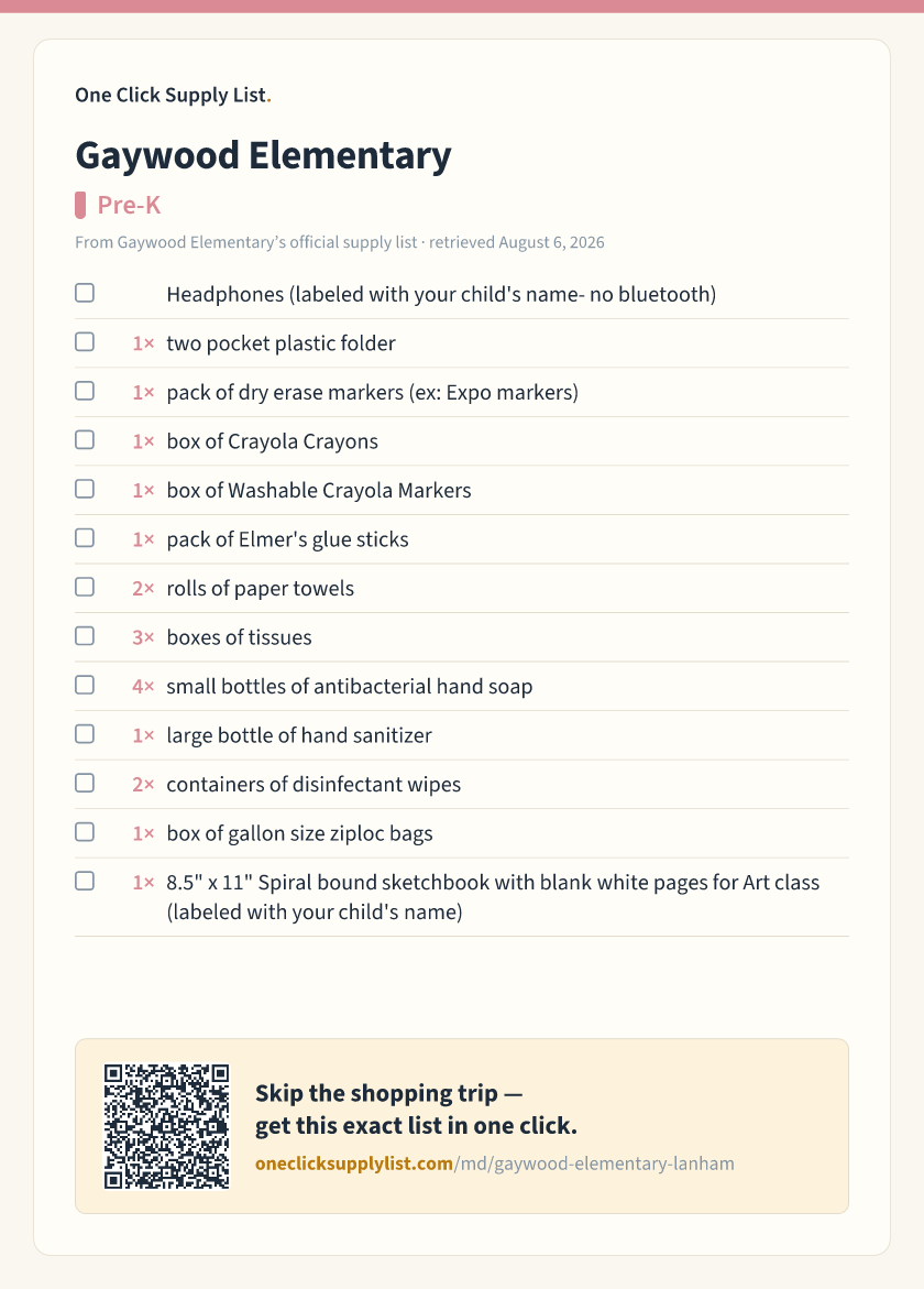 Gaywood Elementary Pre-K supply list — printable image