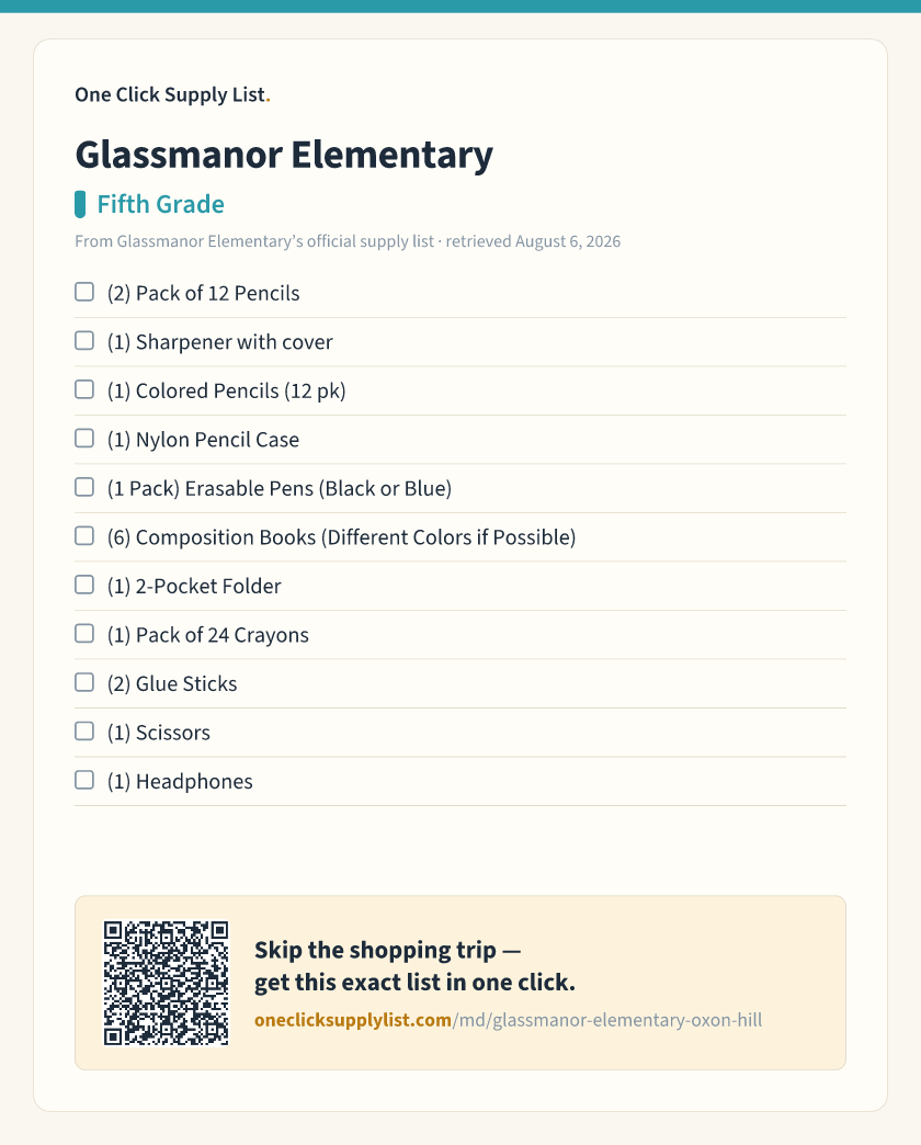 Glassmanor Elementary Fifth Grade supply list — printable image