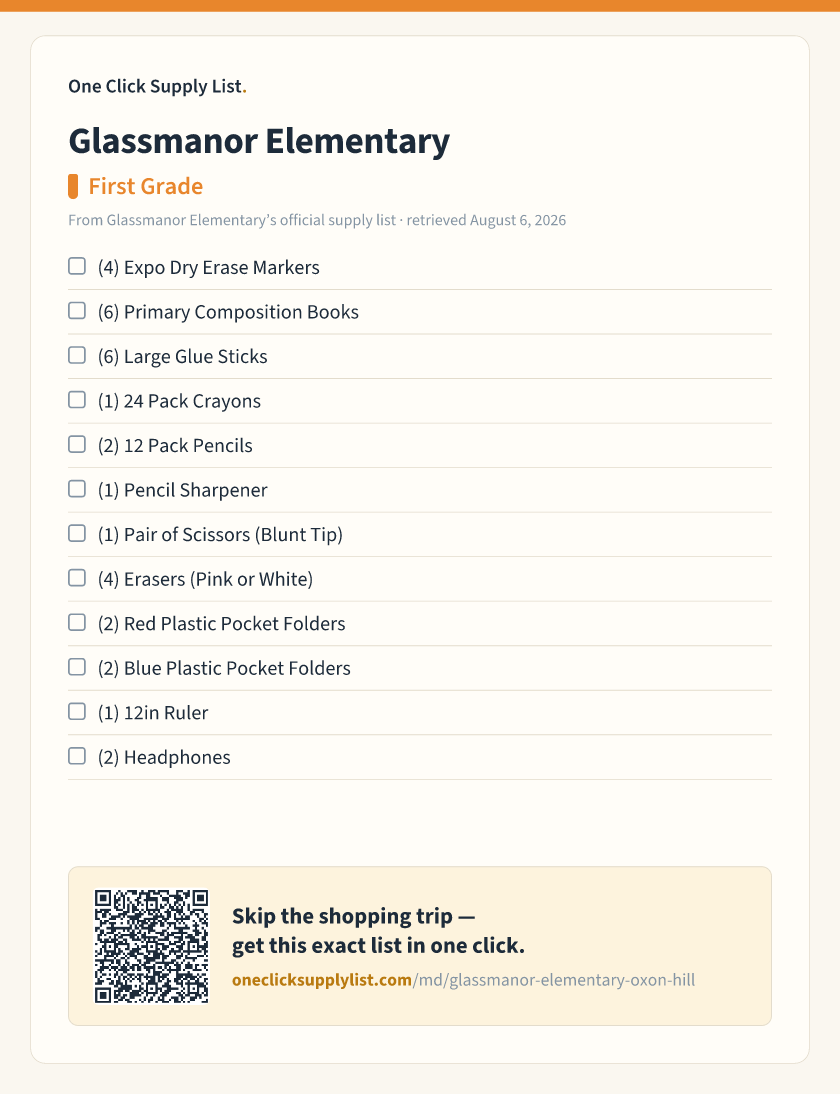 Glassmanor Elementary First Grade supply list — printable image