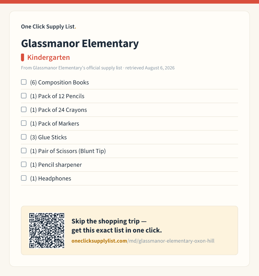 Glassmanor Elementary Kindergarten supply list — printable image