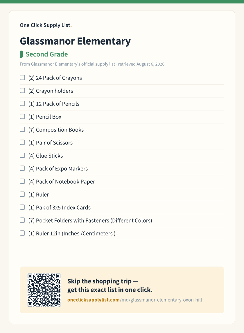 Glassmanor Elementary Second Grade supply list — printable image