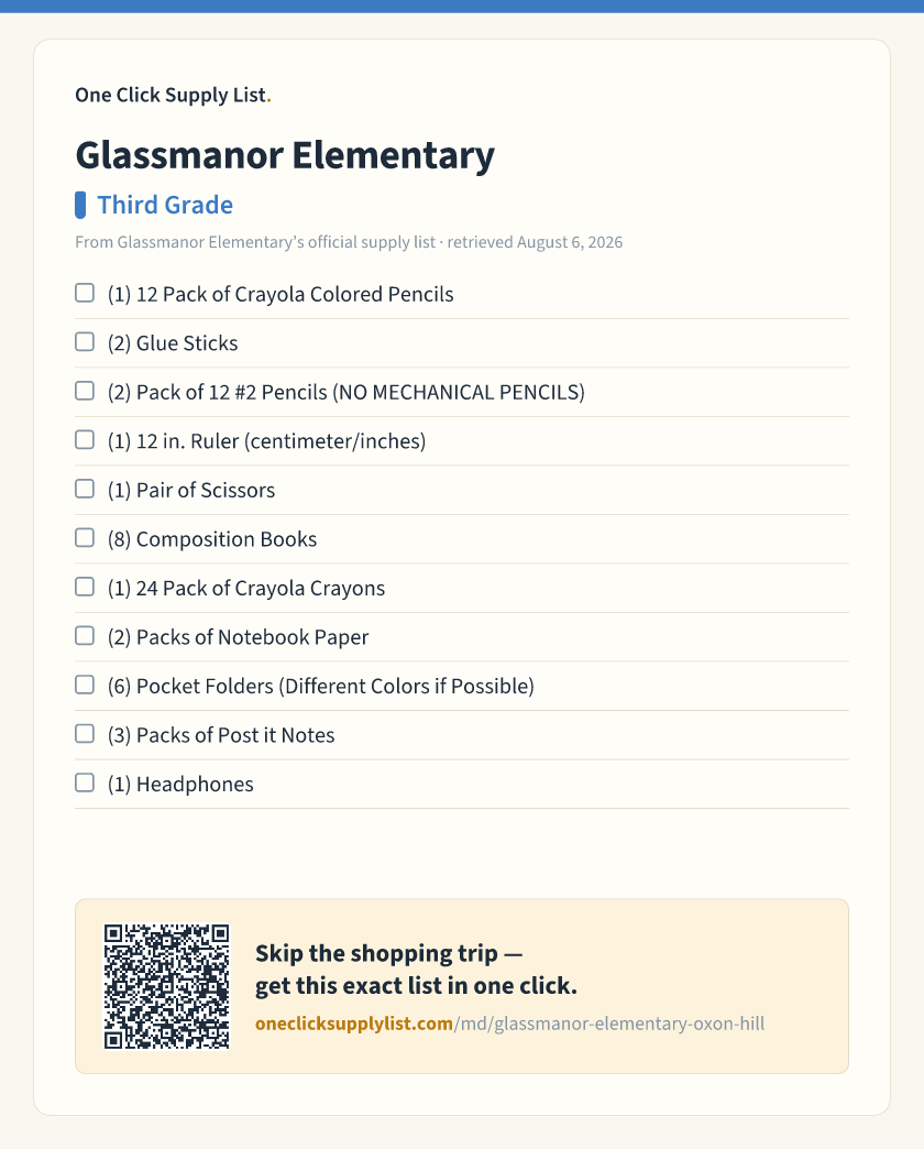 Glassmanor Elementary Third Grade supply list — printable image